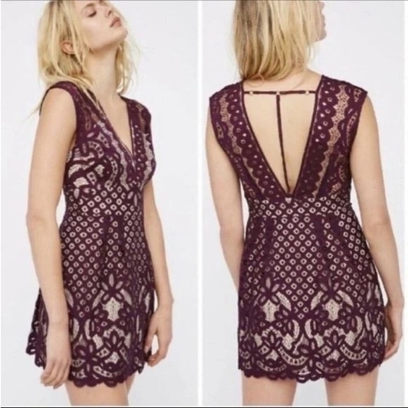 Free People One Million Lovers Lace Burgundy Wine Mini Dress Size 4 - Picture 1 of 16